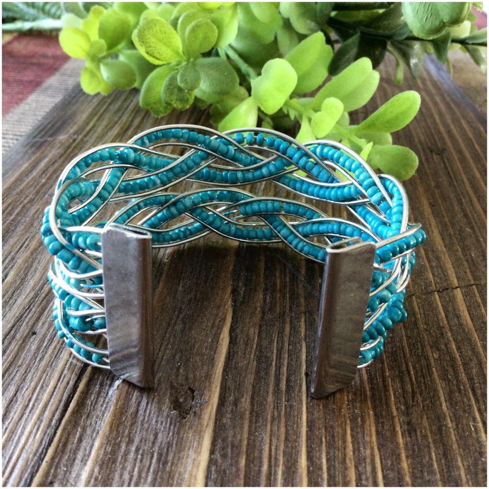 Braided Seed Bead Cuff Bracelet- Teal & Silver - Picture 3 of 12